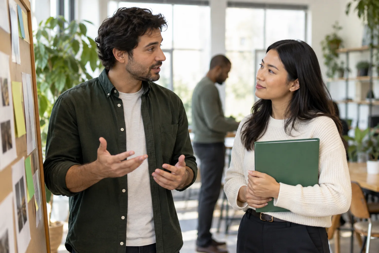 Fictional colleagues stand with a green folder in a respectful workplace conversation: a learning illustration.