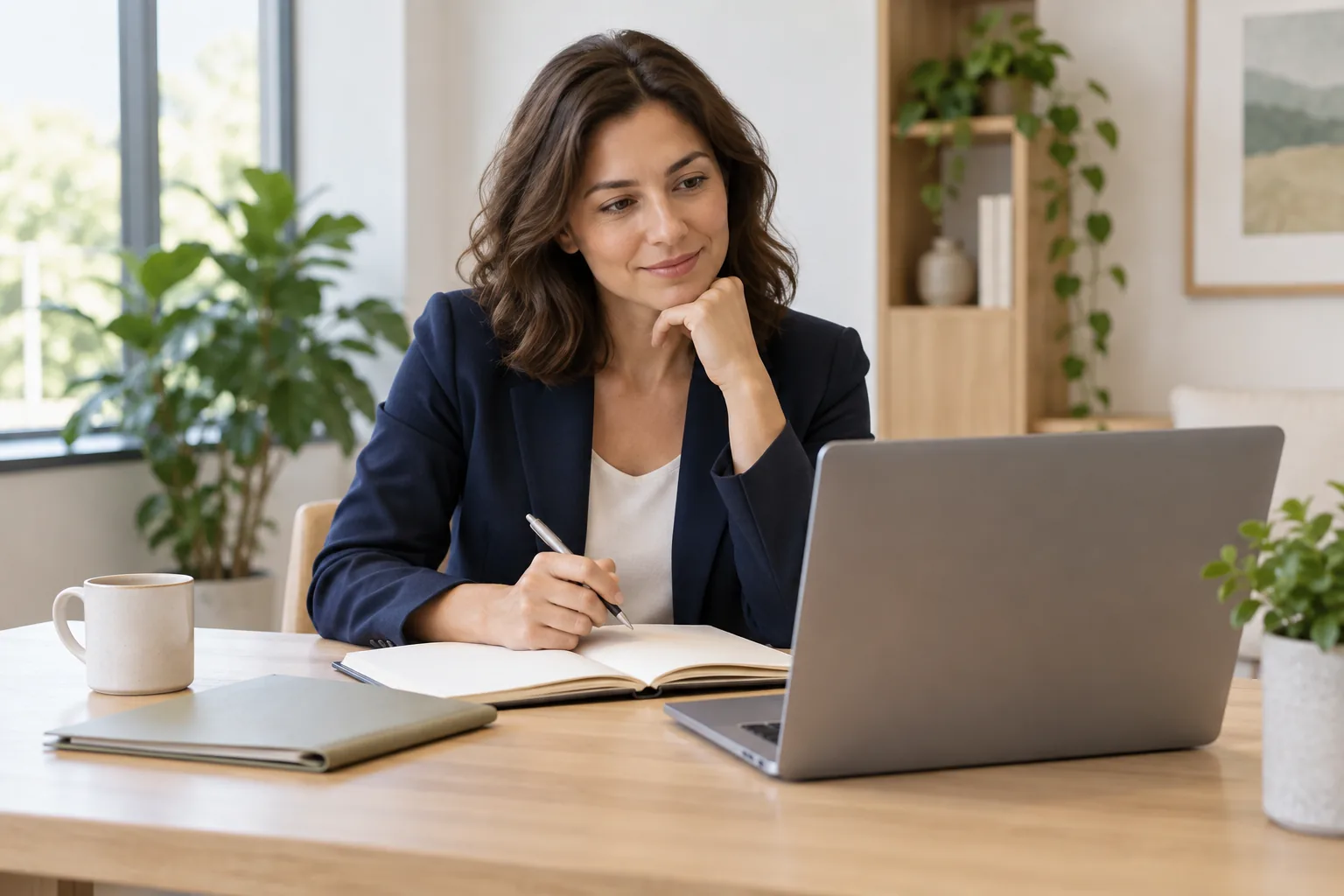 A fictional woman candidate prepares for an interview with a laptop and open notebook: a learning illustration.